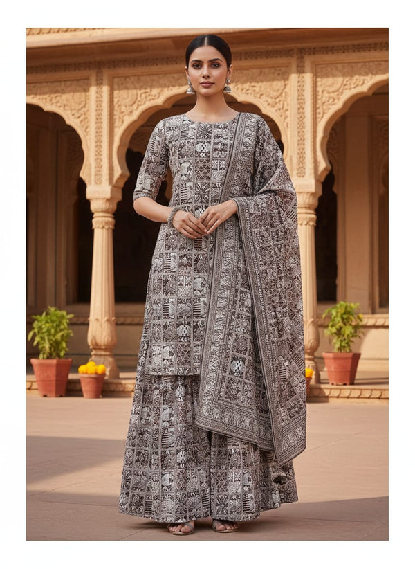 Greek Art Of Multitype Pattern Digital Printed Fabric - Pure Chinon - Sharara Set Lookbook - PC-0-TA0127-106 - alternate view