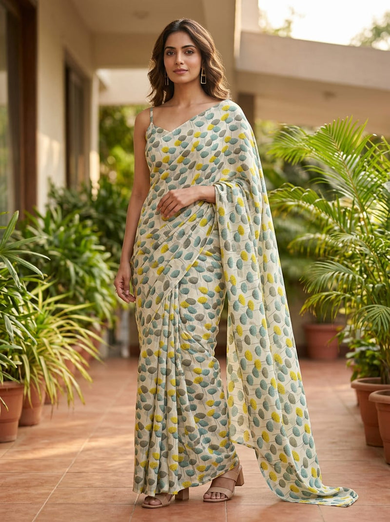 Multicolor Stylized Botanical Tree Print Upada Silk Digital Printed Fabric
