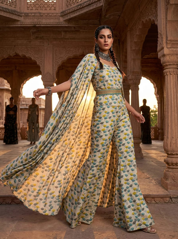 Multicolor Stylized Botanical Tree Print Upada Silk Digital Printed Fabric - Draped Cape with Flared Pants Lookbook - US-0-TA0128-110 - alternate view