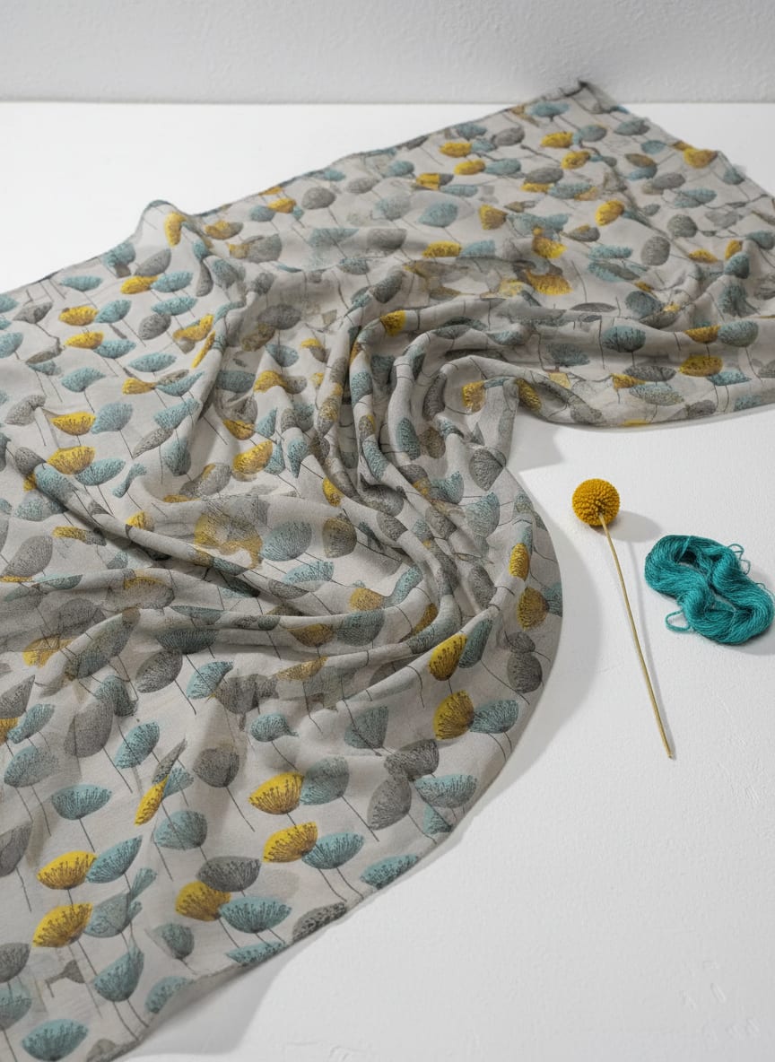 Grey Abstract Dandelion Botanical Pure Georgette Digital Printed Fabric