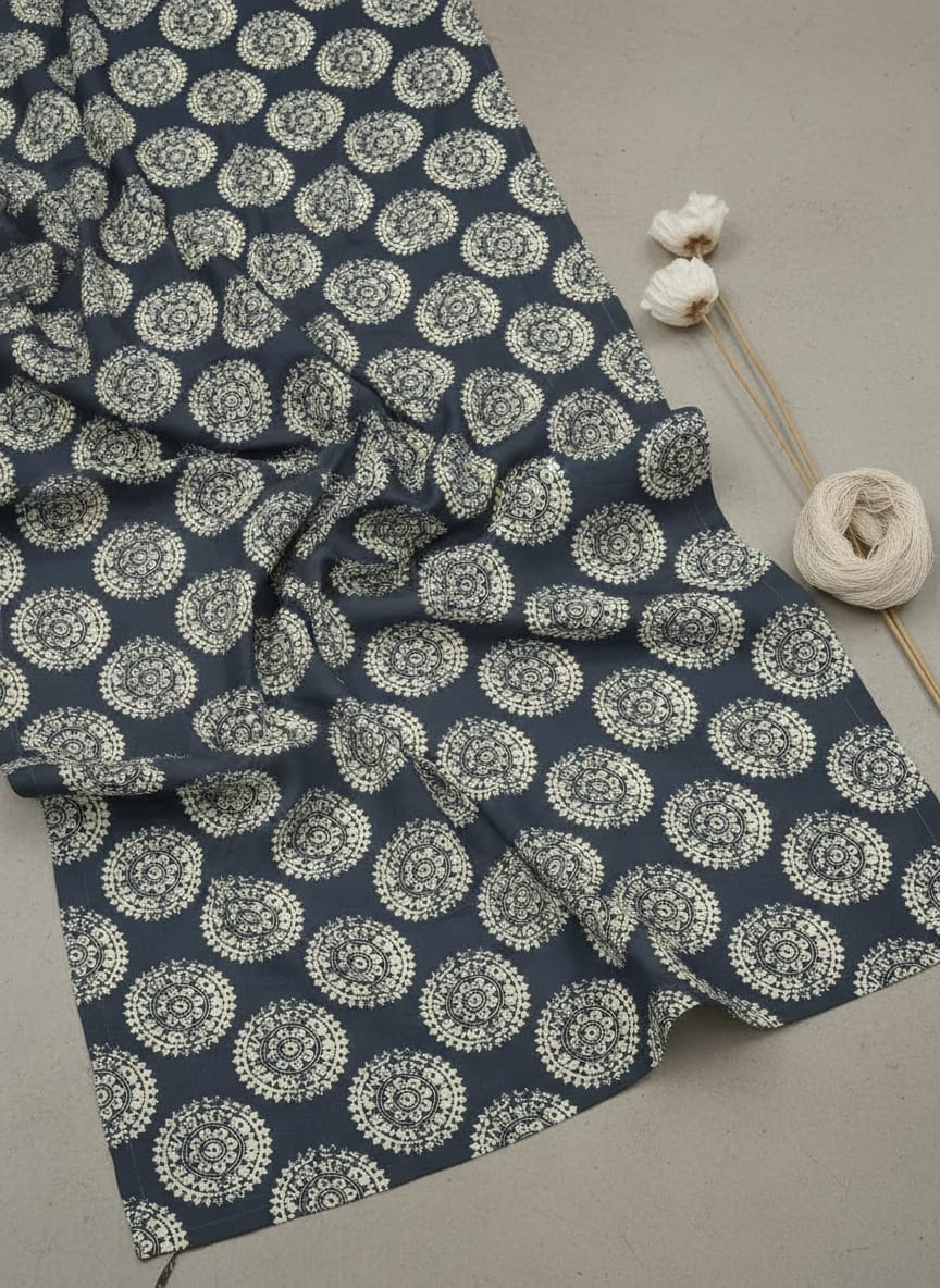 Navy Ethnic Mandala Kora Silk Digital Printed Fabric