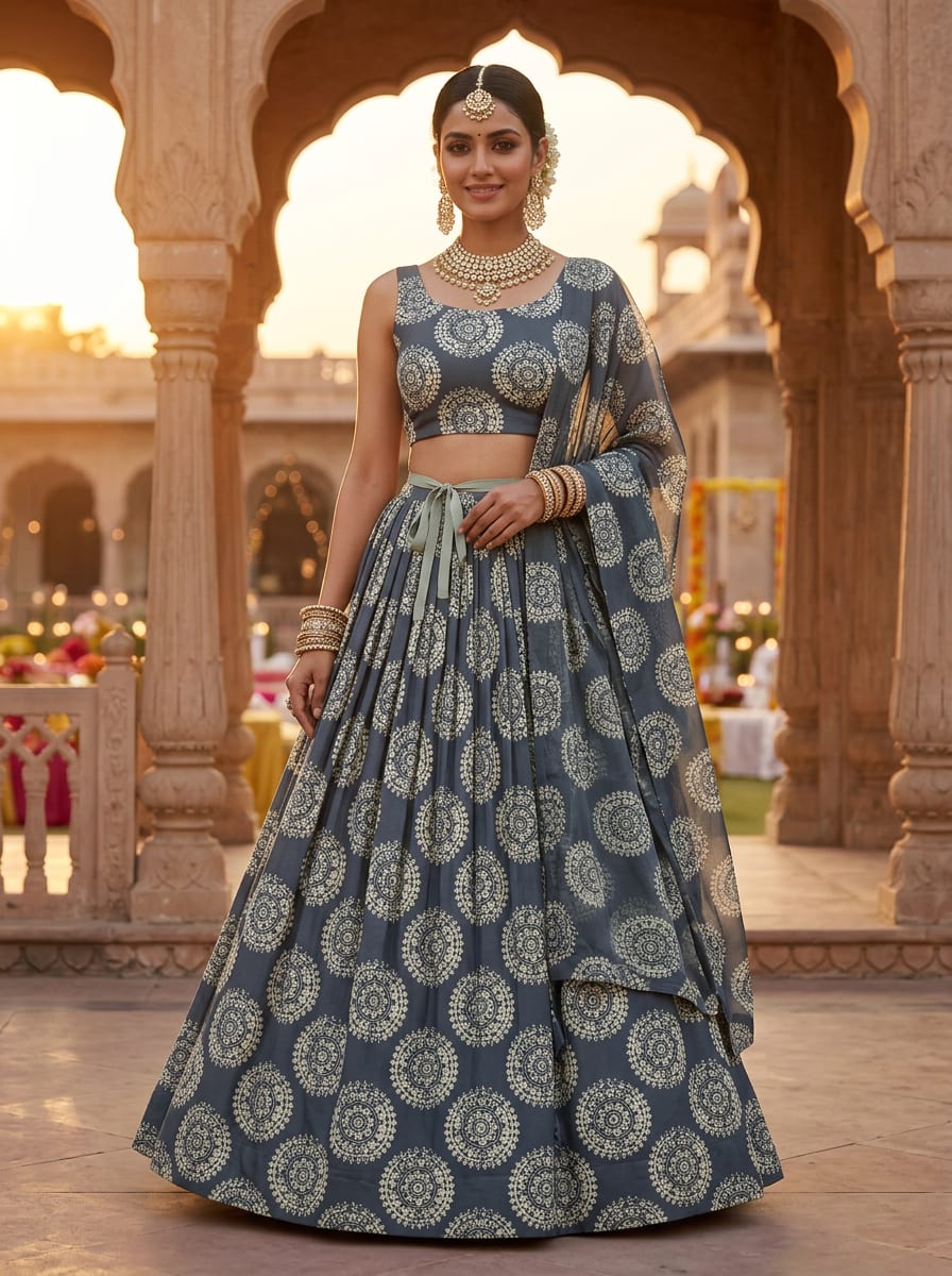 Navy Ethnic Mandala Kora Silk Digital Printed Fabric