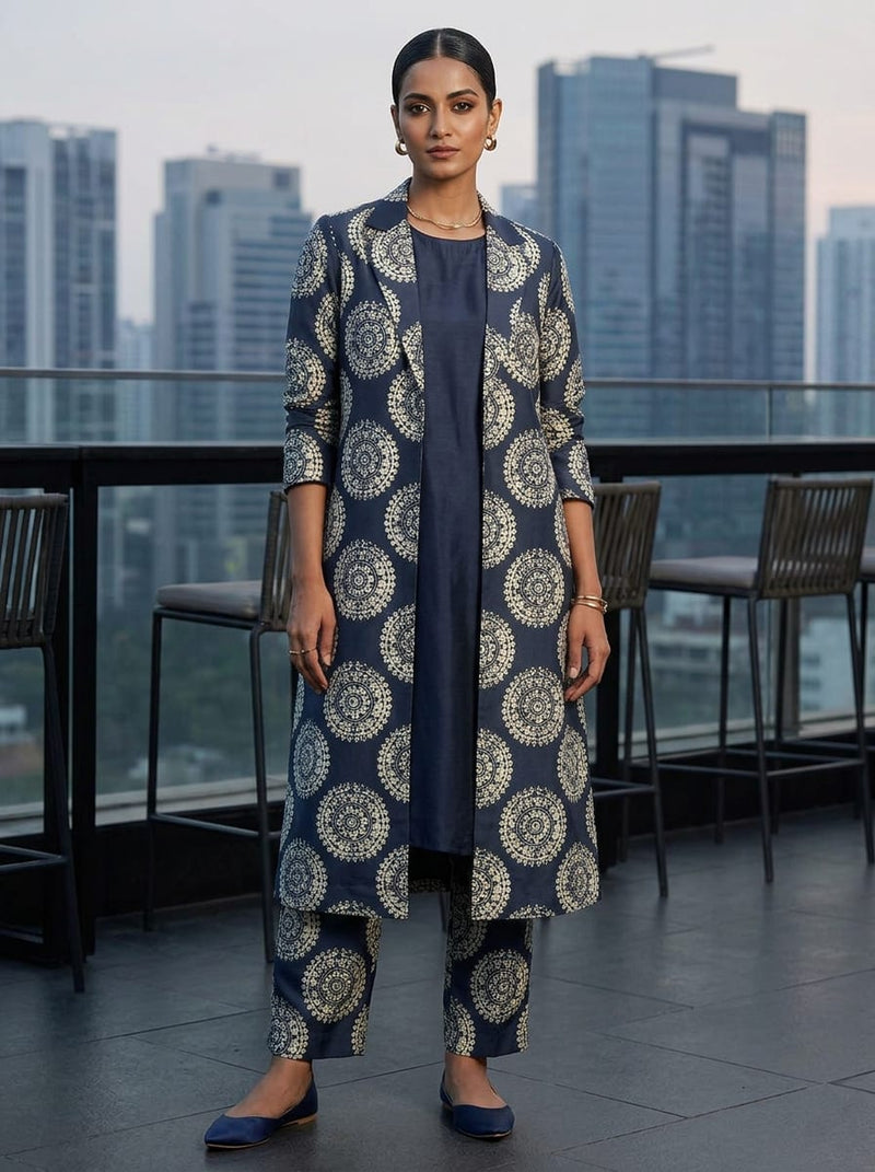 Navy Ethnic Mandala Kora Silk Digital Printed Fabric