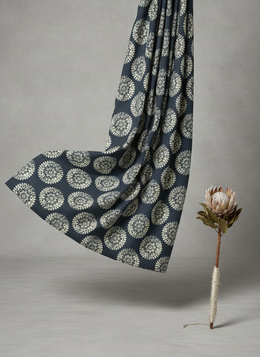 Navy Ethnic Mandala Medallion Silk Crepe Digital Printed Fabric