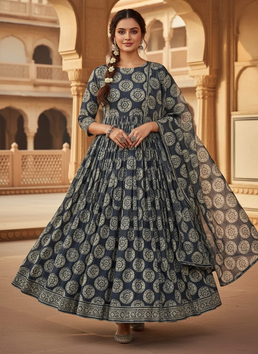 Navy Ethnic Mandala Medallion Silk Crepe Digital Printed Fabric