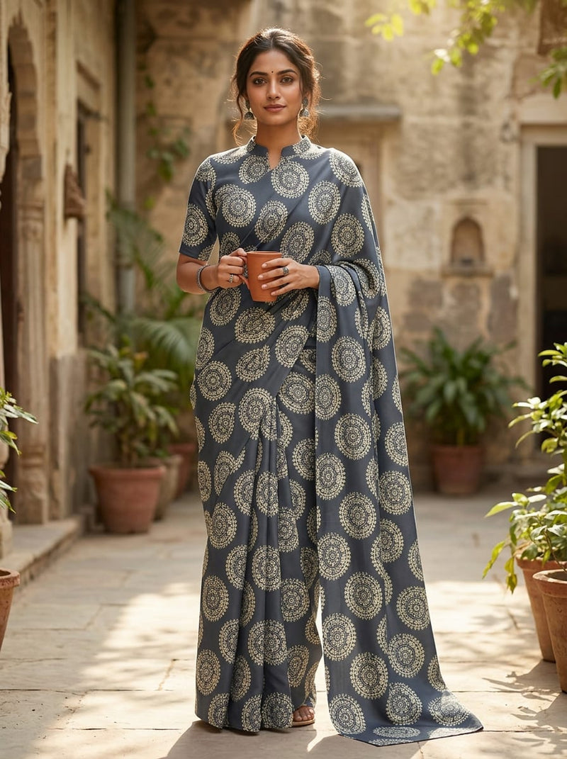 Navy Blue Ethnic Mandala Print Upada Silk Digital Printed Fabric