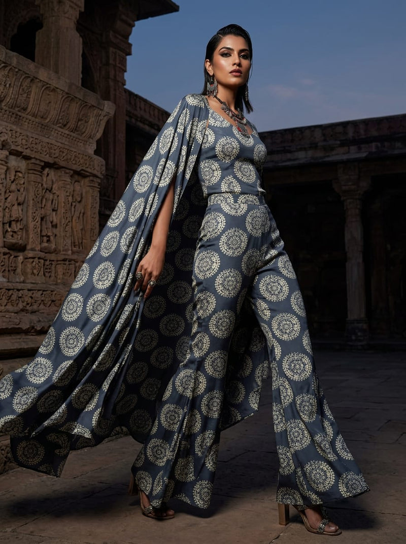 Navy Blue Ethnic Mandala Print Upada Silk Digital Printed Fabric