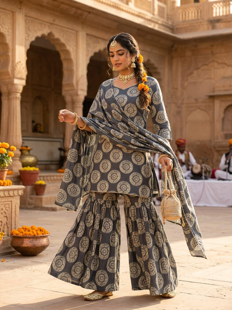 Navy Blue Ethnic Mandala Print Upada Silk Digital Printed Fabric