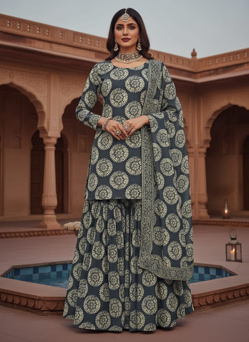 Seamless Rounded Suzani Art Digital Printed Fabric - Pure Georgette