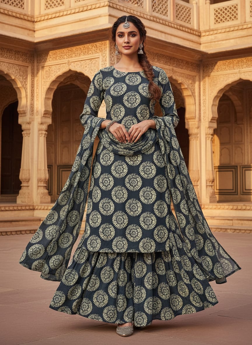Grey Ethnic Mandala Medallion Pure Georgette Digital Printed Fabric