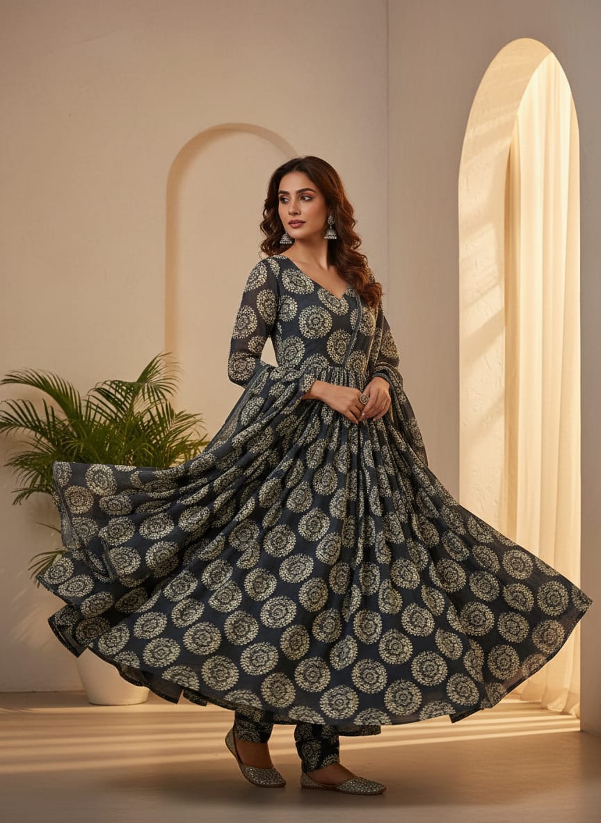 Grey Ethnic Mandala Medallion Pure Georgette Digital Printed Fabric
