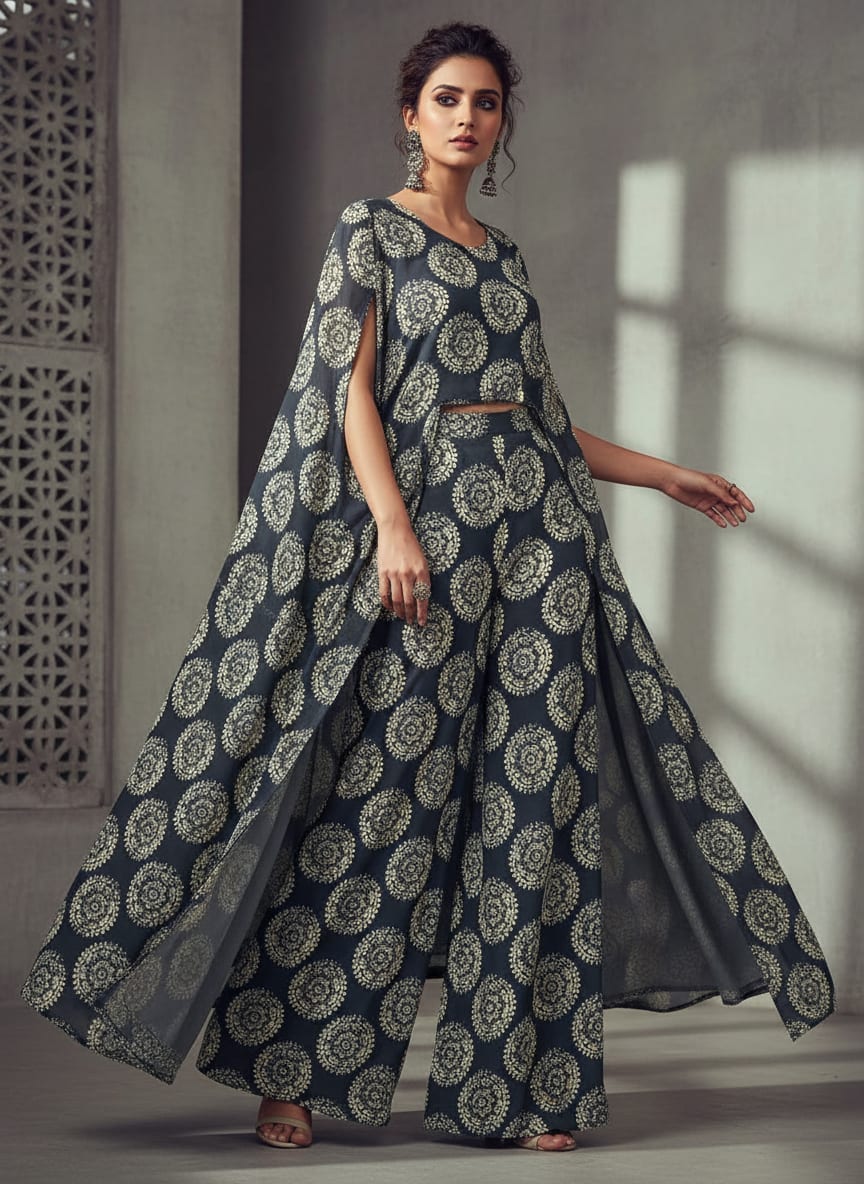 Grey Ethnic Mandala Medallion Pure Georgette Digital Printed Fabric
