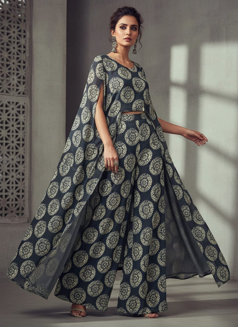 Grey Ethnic Mandala Medallion Pure Georgette Digital Printed Fabric