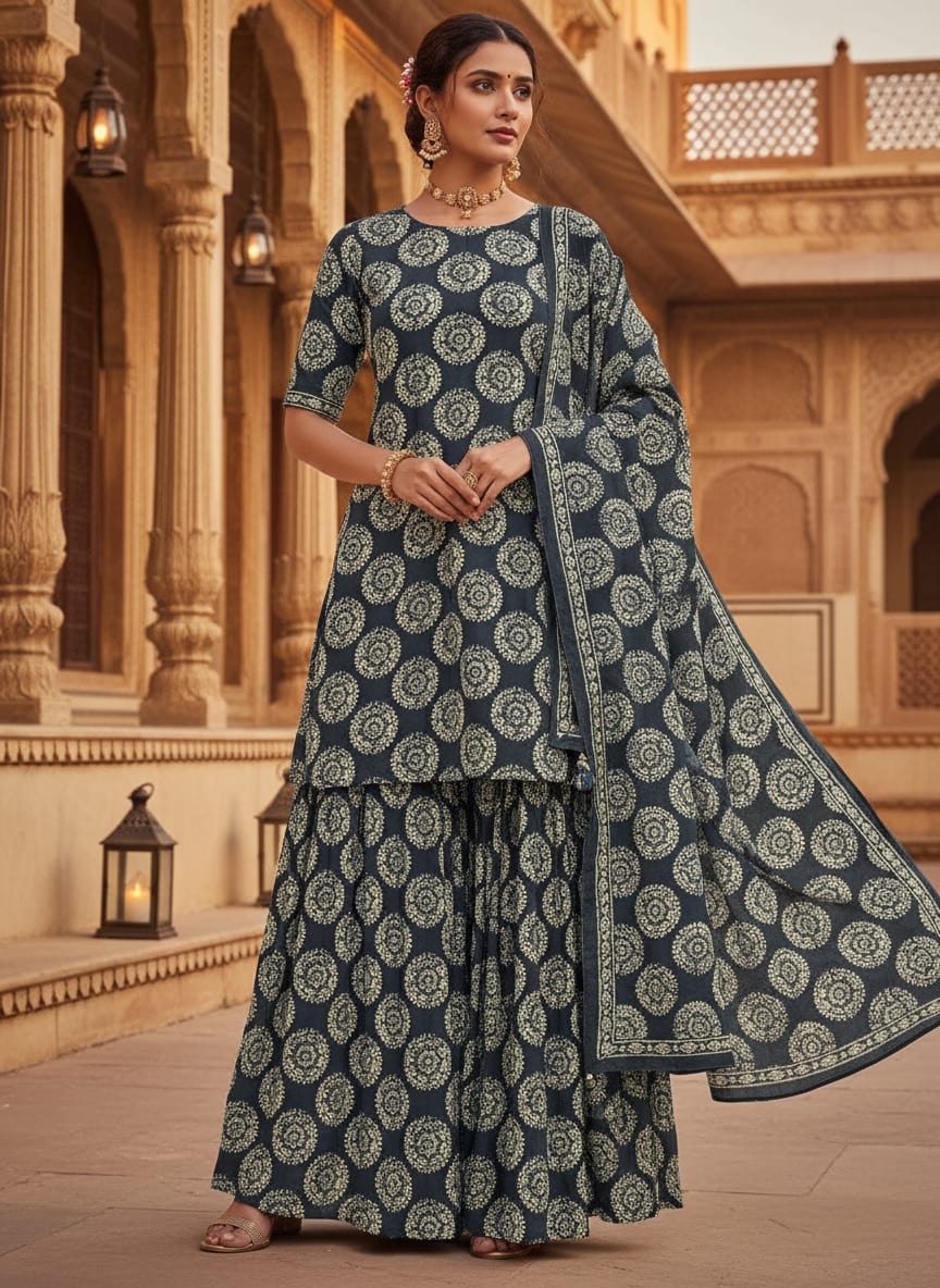 Navy Ethnic Mandala Medallion Pure Chinon Digital Printed Fabric
