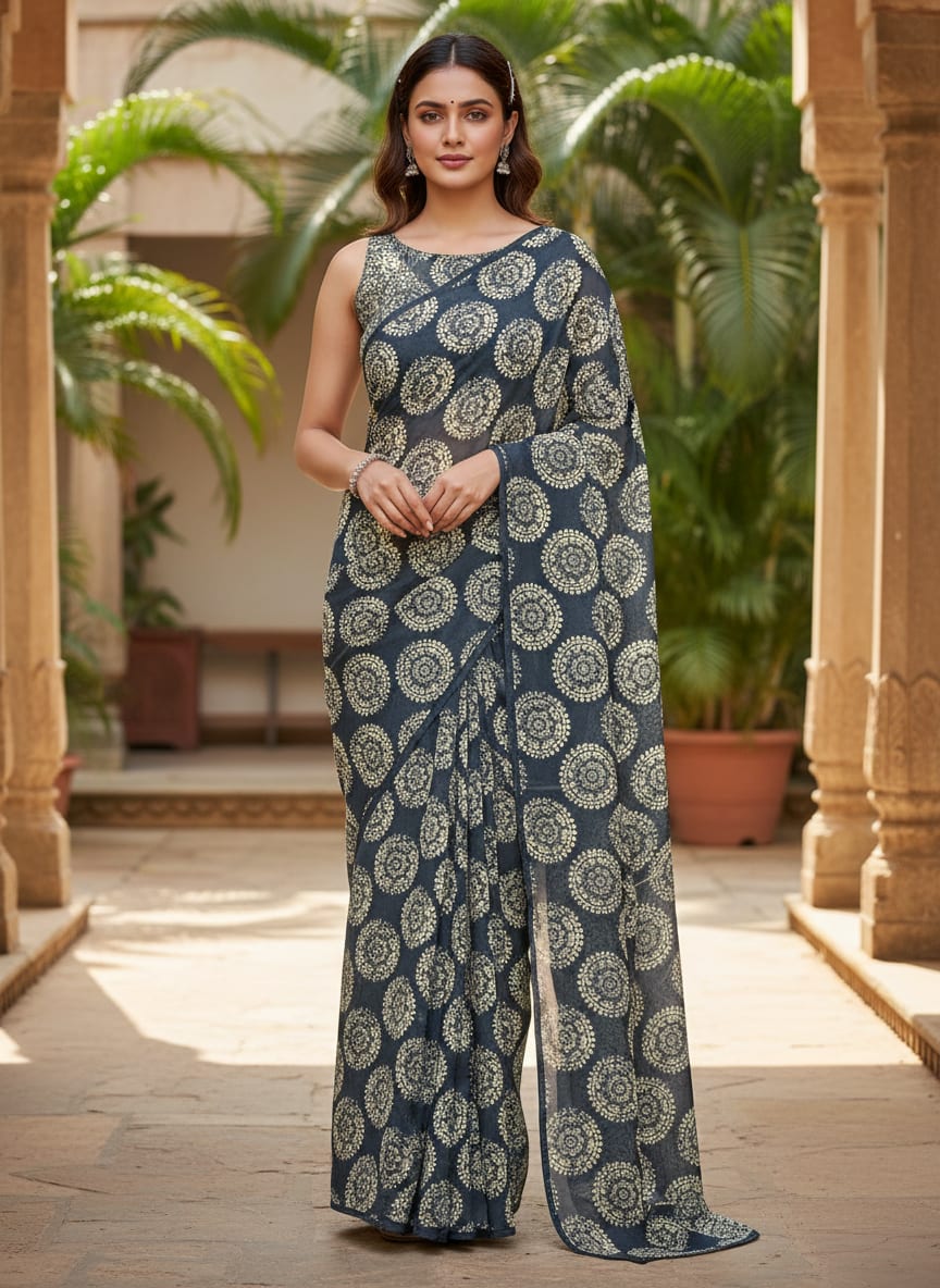 Navy Ethnic Mandala Medallion Pure Chinon Digital Printed Fabric