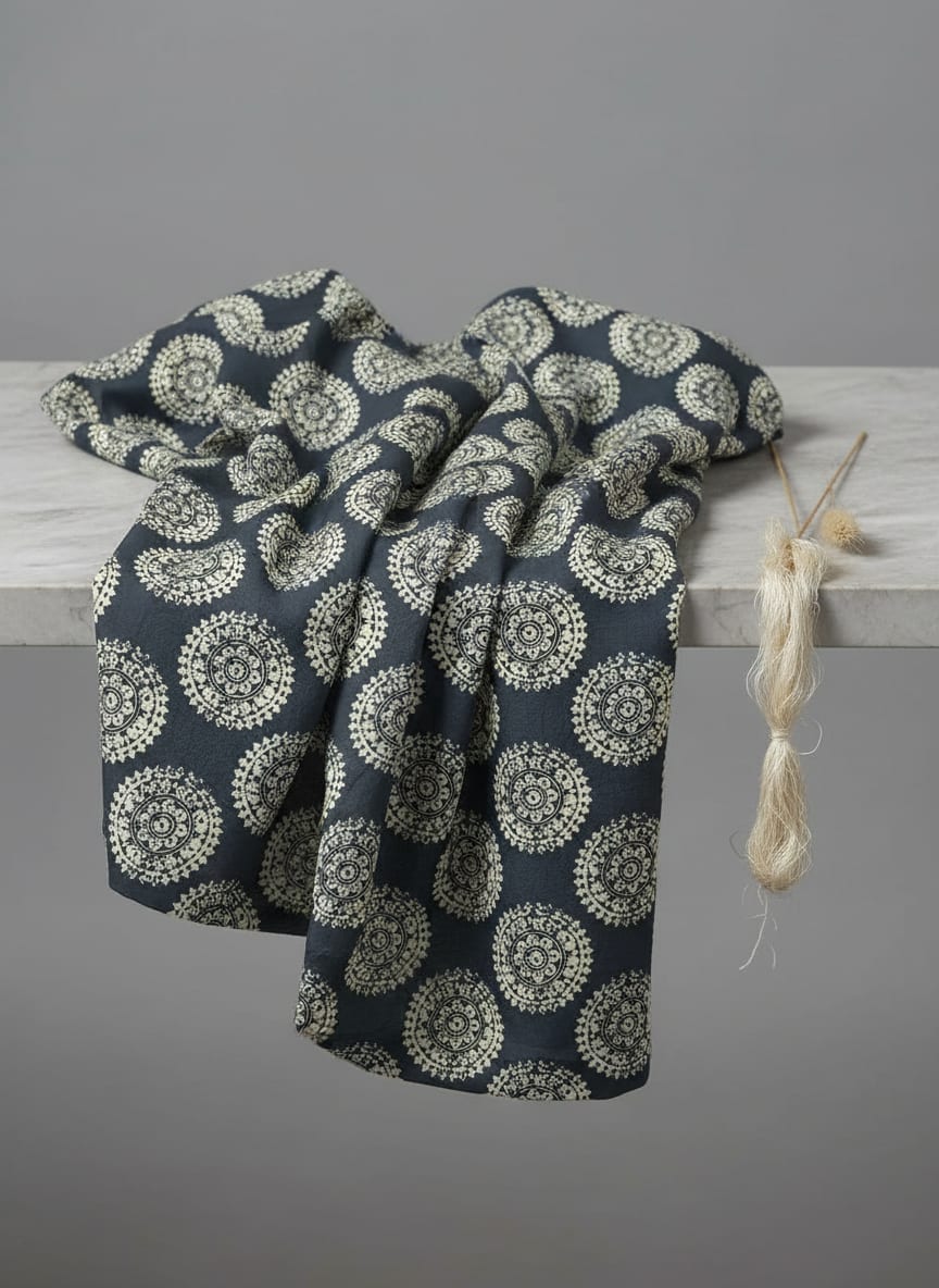 Navy Ethnic Mandala Medallion Pure Chinon Digital Printed Fabric