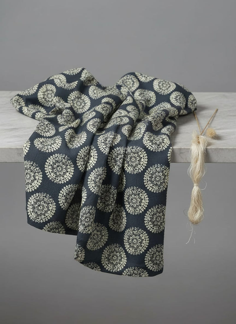 Navy Ethnic Mandala Medallion Pure Chinon Digital Printed Fabric