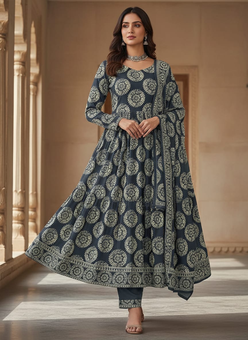 Navy Ethnic Mandala Medallion Pure Chinon Digital Printed Fabric