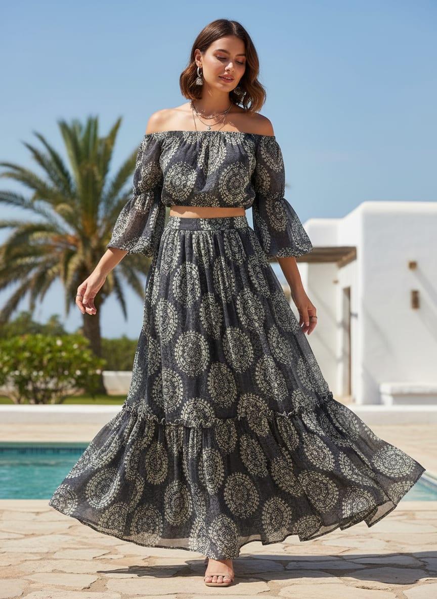 Seamless Rounded Suzani Art Digital Printed Fabric - Pure Chiffon