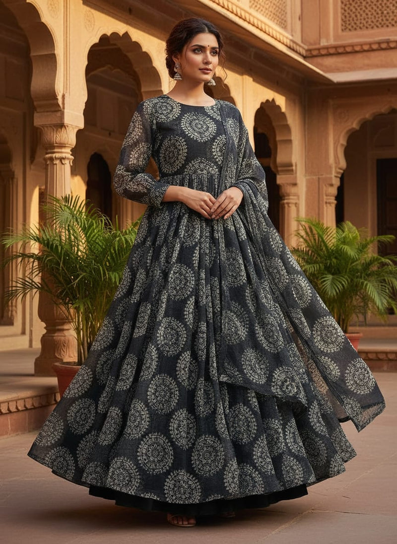 Grey Ethnic Mandala Medallion Pure Chiffon Digital Printed Fabric