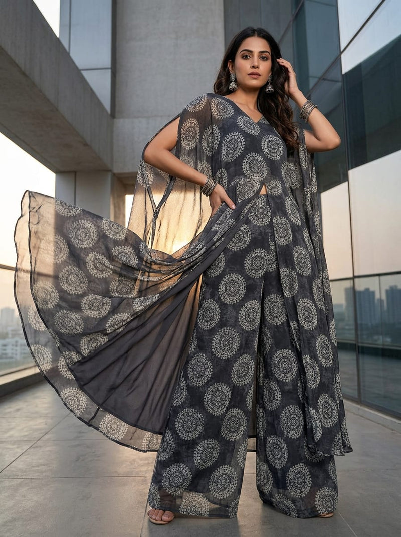 Grey Ethnic Mandala Medallion Pure Chiffon Digital Printed Fabric