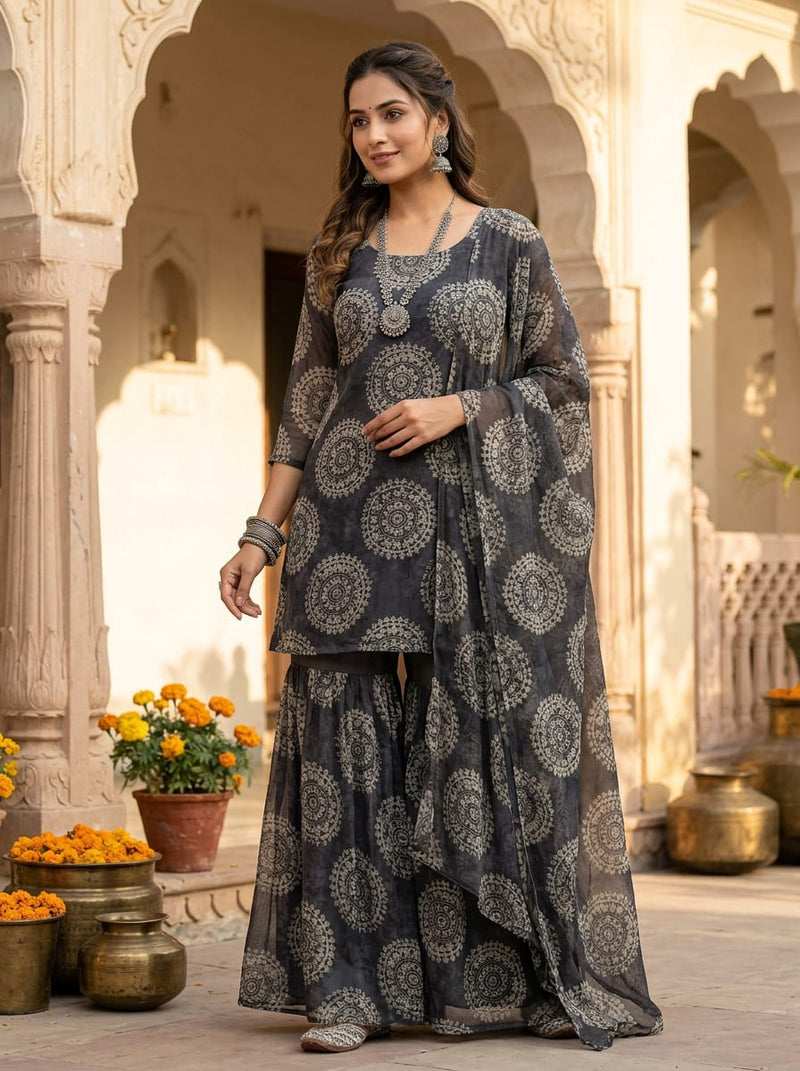 Grey Ethnic Mandala Medallion Pure Chiffon Digital Printed Fabric