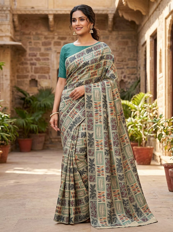 Multicolor Ethnic Botanical Tile Print Tusser Silk Digital Printed Fabric - Saree Lookbook - TS-0-TA0137-110 - alternate view