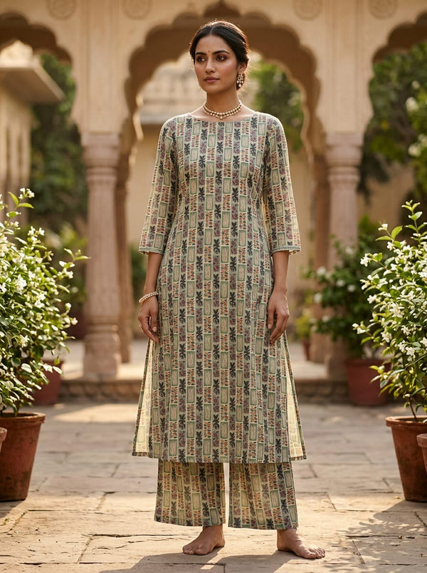 Multicolor Ethnic Botanical Tile Pattern Pure Muslin Digital Printed Fabric - A-Line Kurta with Salwar Lookbook - PM-0-TA0137-151 - alternate view