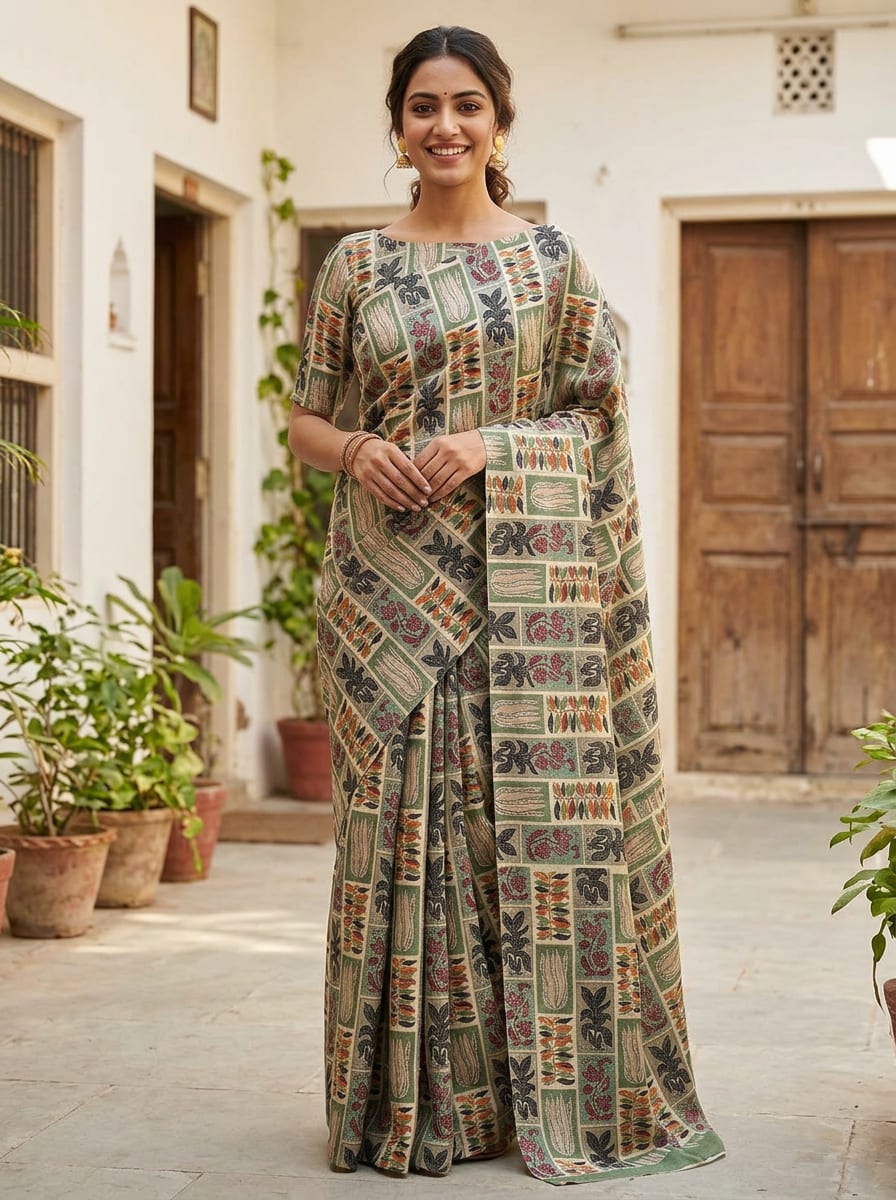 Multicolor Ethnic Botanical Tile Pattern Upada Silk Digital Printed Fabric
