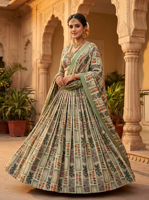 Multicolor Ethnic Botanical Tile Pattern Upada Silk Digital Printed Fabric - Lehenga Choli Lookbook - US-0-TA0137-110 - alternate view