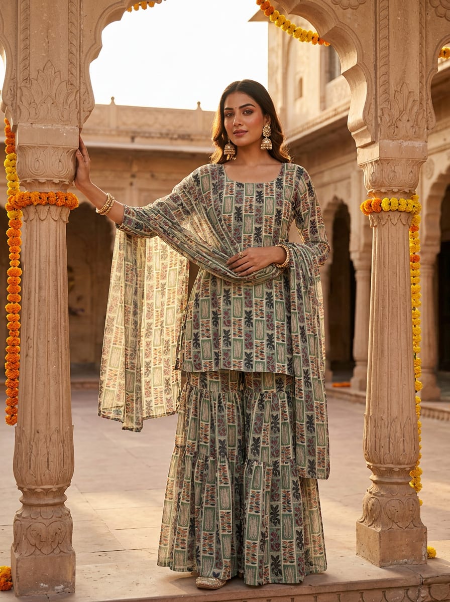 Multicolor Geometric Botanical Block Print Pure Georgette Digital Printed Fabric