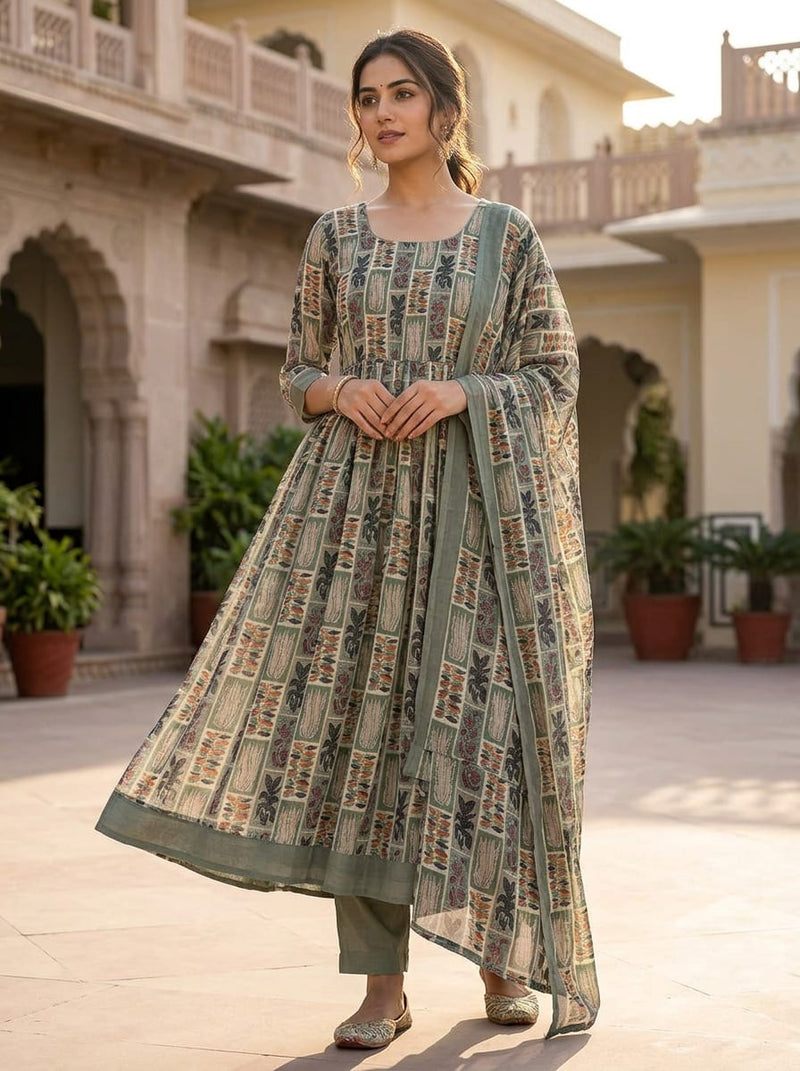 Multicolor Geometric Botanical Block Print Pure Georgette Digital Printed Fabric