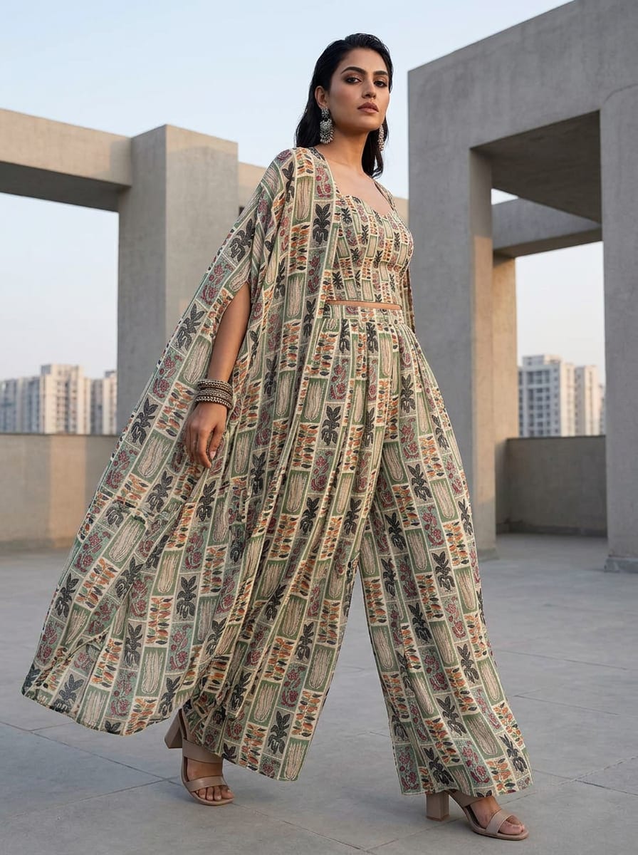 Multicolor Geometric Botanical Block Print Pure Georgette Digital Printed Fabric