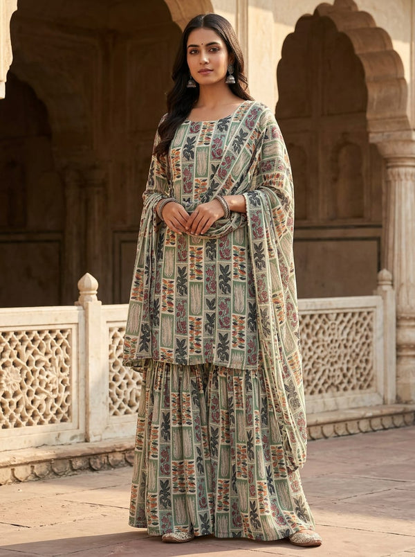 Multicolor Geometric Botanical Block Print Pure Georgette Digital Printed Fabric - Gharara Set Lookbook - PG-0-TA0137-110 - alternate view