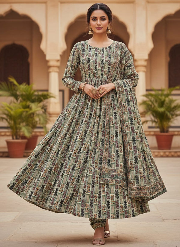 Multicolor Ethnic Botanical Tile Print Pure Chinon Digital Printed Fabric - Anarkali Kurta Set Lookbook - PC-0-TA0137-106 - alternate view