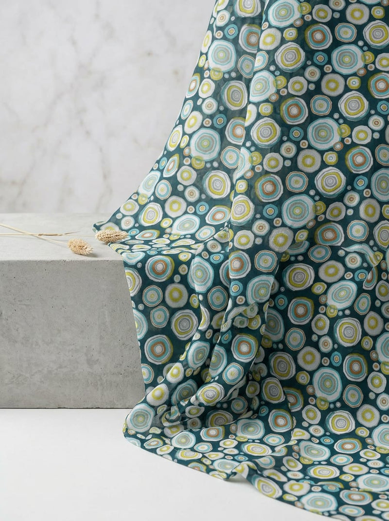 Teal Abstract Concentric Circles Weightless Digital Printed Fabric