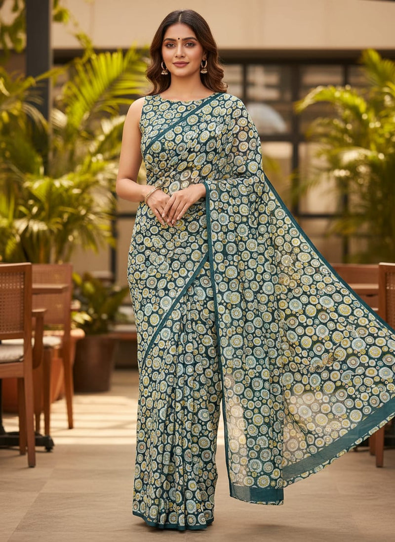 Casual Colourful Watercolour Rounded Digital Printed Fabric - Pure Georgette