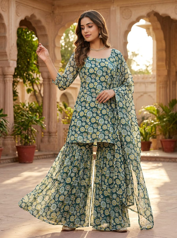 Teal Abstract Concentric Circles Pure Georgette Digital Printed Fabric - Sharara Set Lookbook - PG-0-TA0138-110 - alternate view