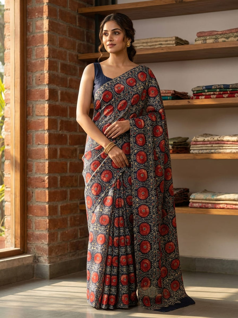 Multicolor Ethnic Red Floral Medallion Tusser Silk Digital Printed Fabric