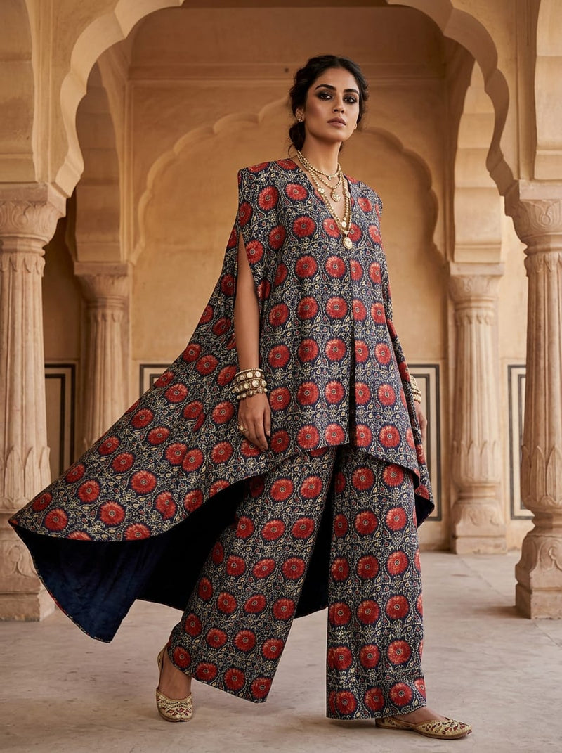 Multicolor Ethnic Red Floral Medallion Tusser Silk Digital Printed Fabric