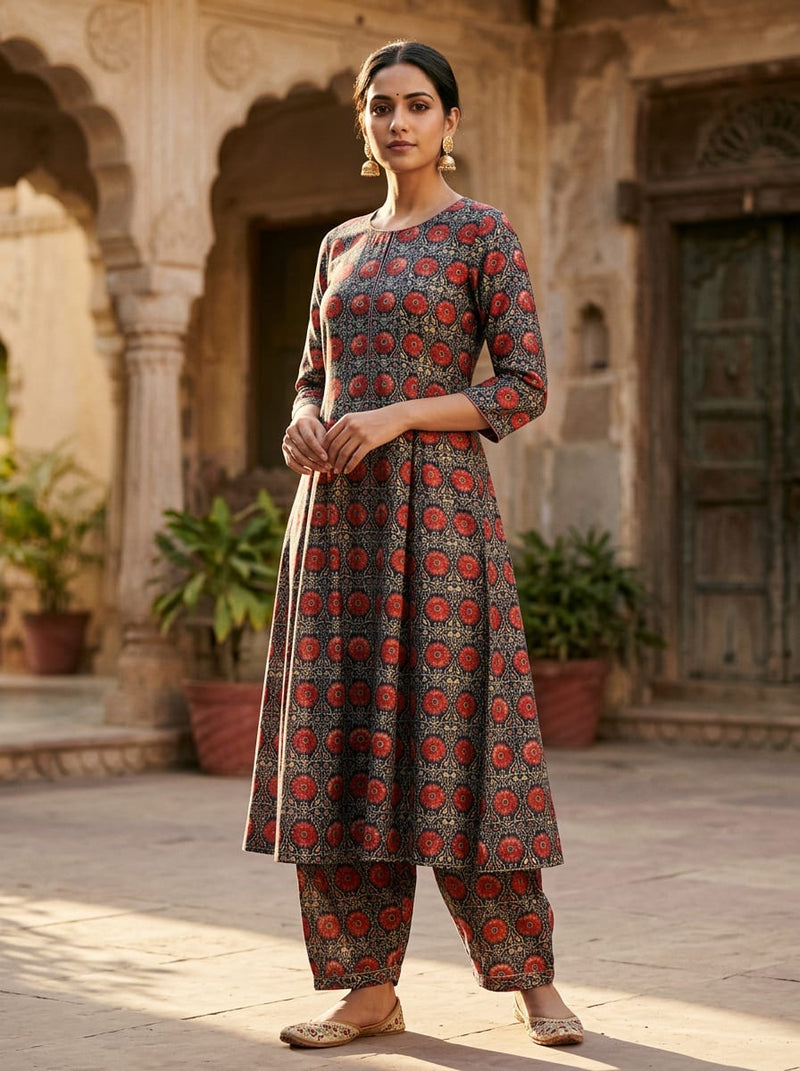 Multicolor Ethnic Red Floral Medallion Tusser Silk Digital Printed Fabric