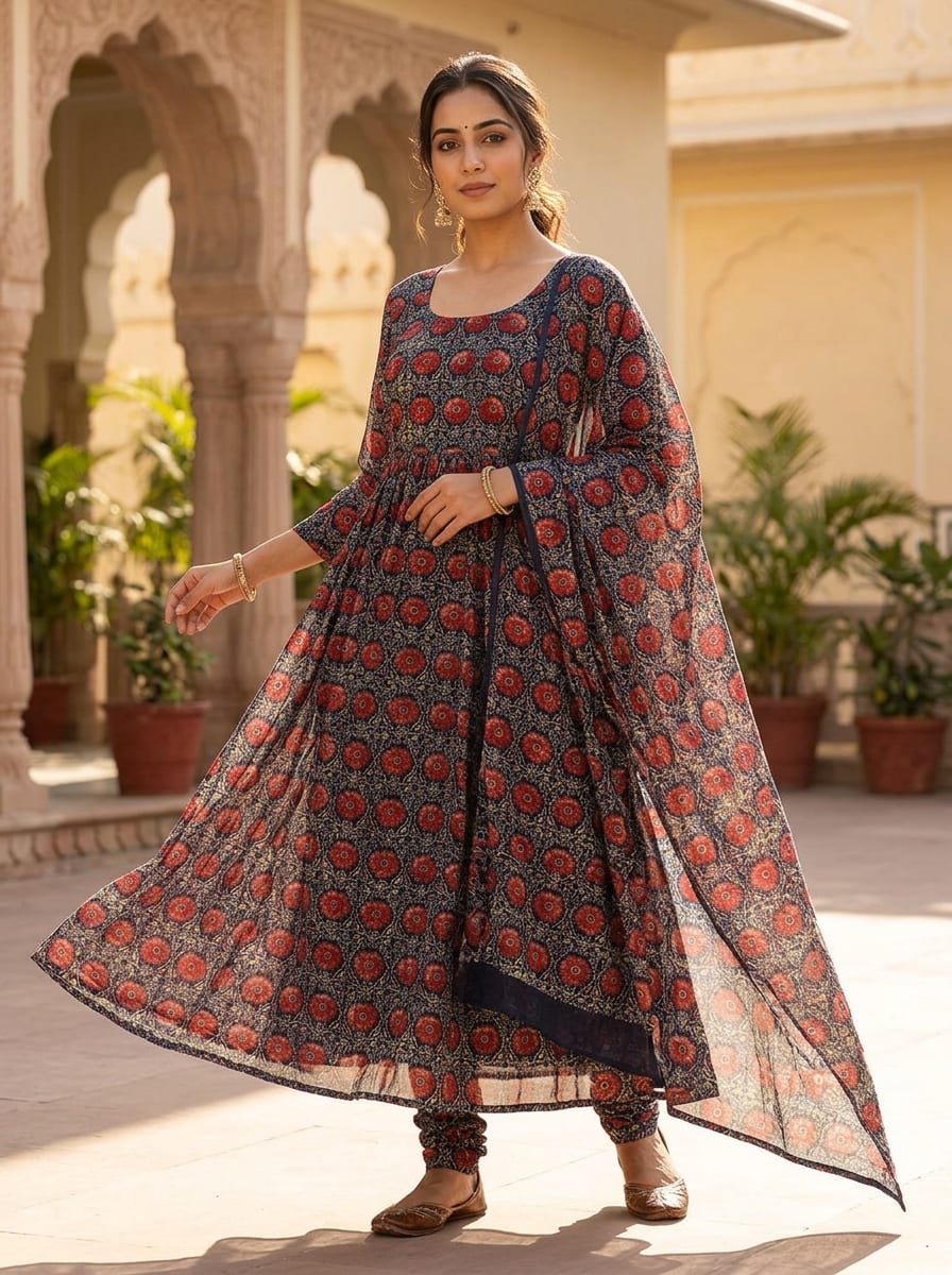 Multicolor Ethnic Floral Damask Weightless Digital Printed Fabric