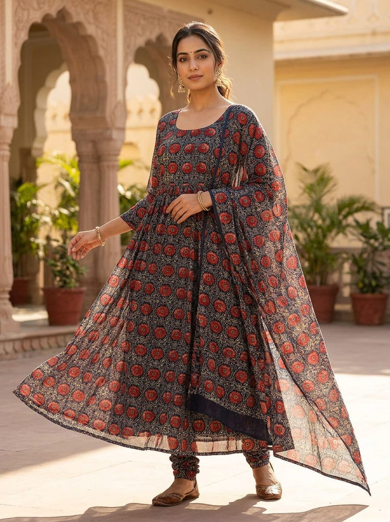 Multicolor Ethnic Floral Damask Weightless Digital Printed Fabric