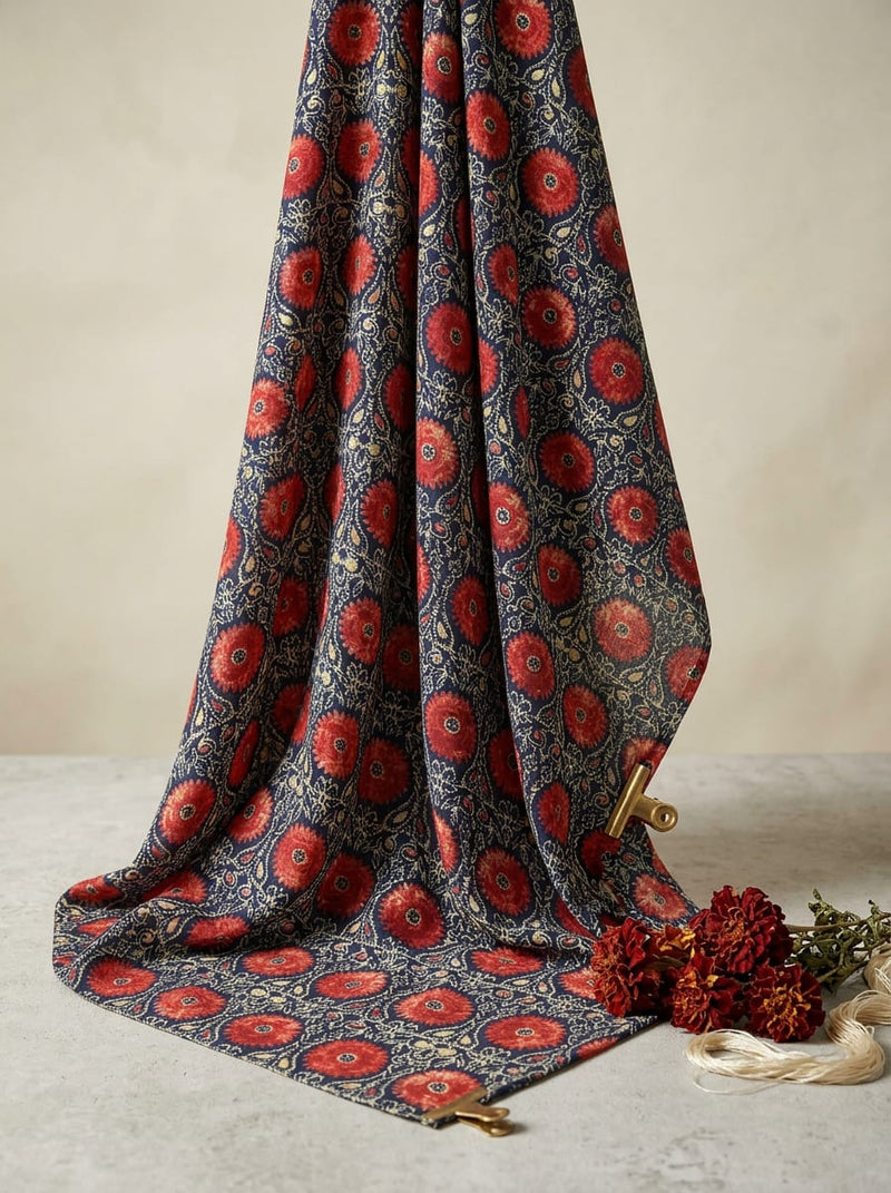 Multicolor Ethnic Floral Damask Weightless Digital Printed Fabric