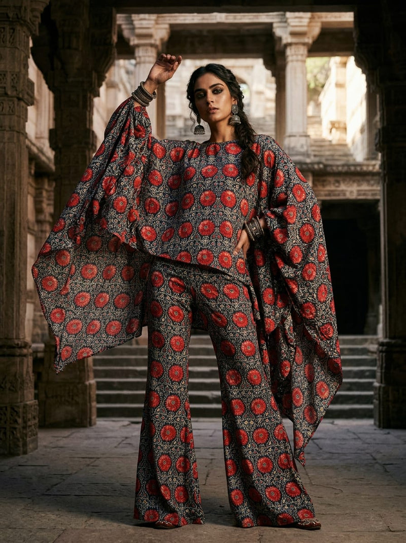Navy Red Ethnic Floral Medallion Silk Crepe Digital Printed Fabric