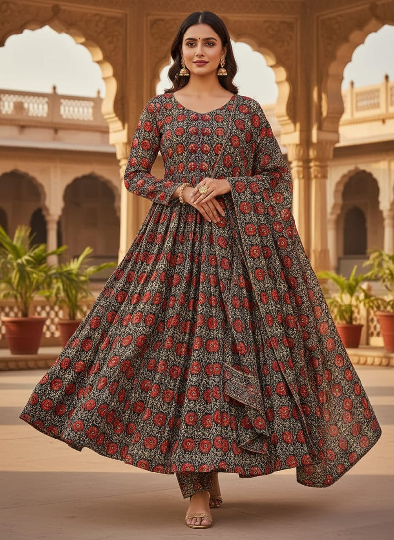 Cool Red Shiny Flower With Valley Digital Printed Fabric - Upada Silk