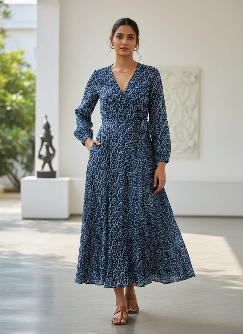 Navy Ethnic Bandhani Inspired Geometric Tusser Silk Digital Printed Fabric