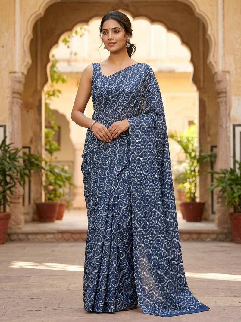 Navy Ethnic Bandhani Inspired Geometric Tusser Silk Digital Printed Fabric