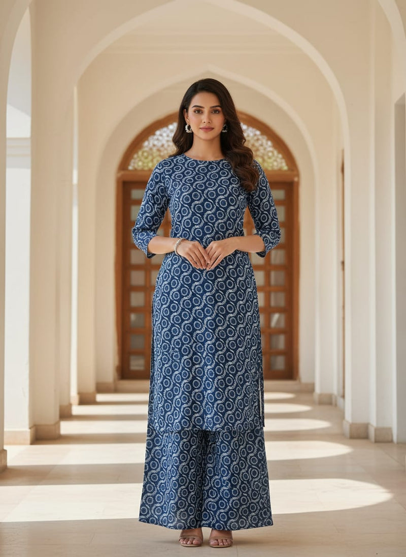 Seamless Vermicular Pattern With Blue Colour Digital Printed Fabric - Poly Muslin