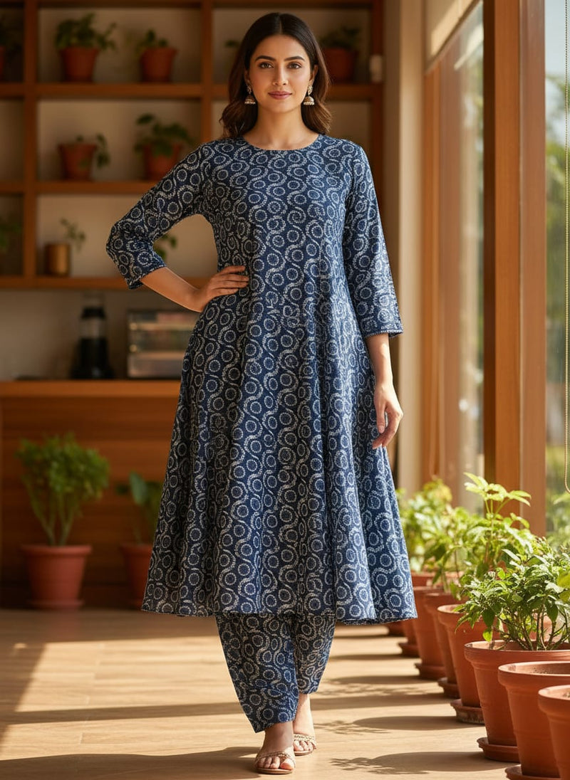 Seamless Vermicular Pattern With Blue Colour Digital Printed Fabric - Poly Muslin